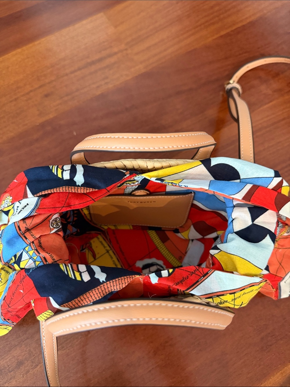 Tory Burch Straw Mini Basket Bag with Pink Leather Trim and Multicolor Scarf - Picture 4 of 9